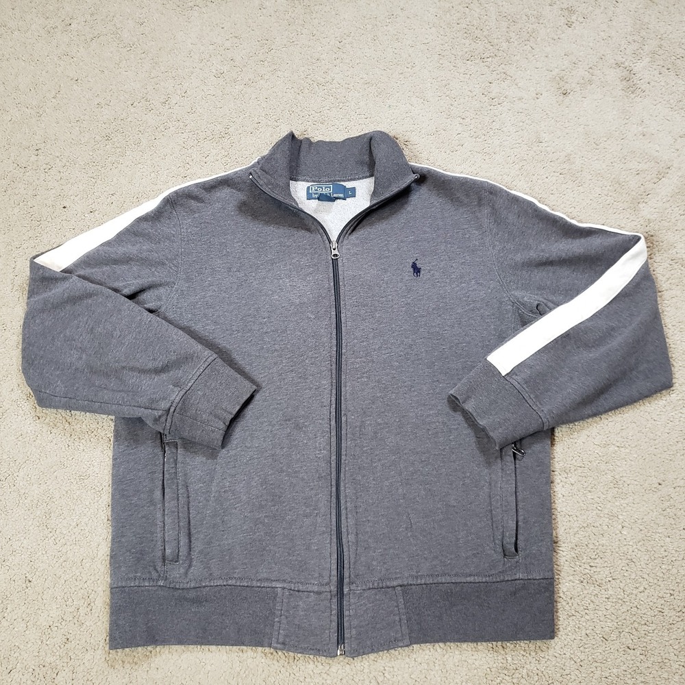 Polo Ralph Lauren Jacket Men Large Gray White Racing Stripe Zip Sweatshirt Y2K